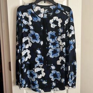 Black Blue and white floral long sleeved blouse.